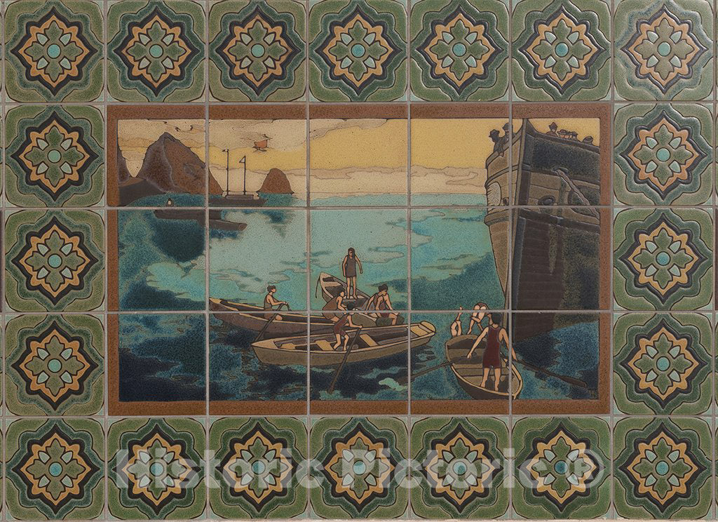 Santa Catalina, CA Photo - Tile Work Showing Boats Off Santa Catalina Island, a Rocky Island Off The Coast of California