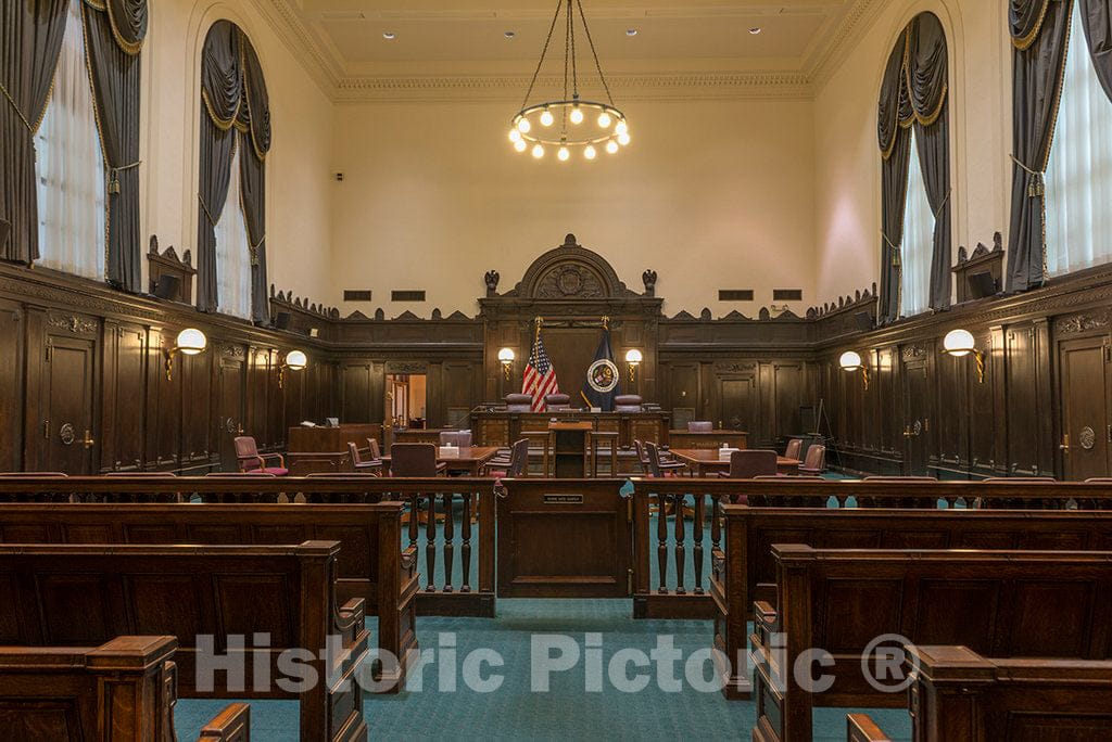 Photo- Courtroom in the John Minor Wisdom U.S. Court of Appeals Building, located in the block bounded by Lafayette, Camp, Magazine and Capdeville Streets, New Orleans, Louisiana