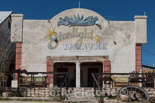 Photograph- The old company-town movie theater in the"ghost town," some of which is still occupied and some of which consists of ruins of the Chisos quicksilver-mining company which operated