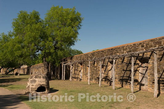 Photo- Stone wall, a brick oven, and a simple arbor at Mission Nuestra Senora de la Purisima Concepcion de Acuna, better known as simply"Mission Concepcion" today 2