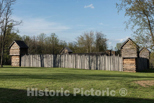 Photo- The reconstructed fort at Prickett's Fort State Park, a 22-acre West Virginia state park north of Fairmont, near the confluence of Prickett's Creek and the Monongahela River