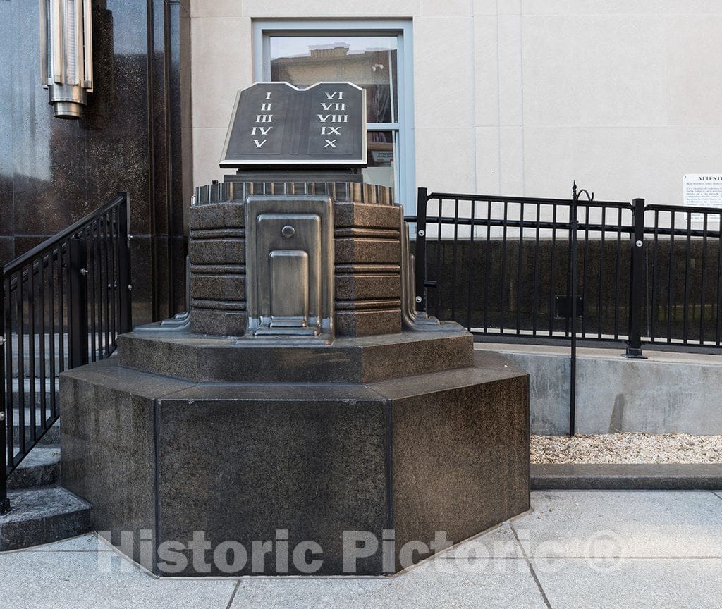 Photo - This Still-Standing Granite Block Carrying a Metal Tablet symbolizing The Biblical Ten Commandments, and an Identical Mate on The Other Side of The entryway