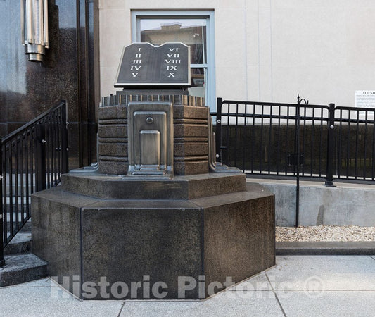Photo - This Still-Standing Granite Block Carrying a Metal Tablet symbolizing The Biblical Ten Commandments, and an Identical Mate on The Other Side of The entryway