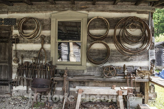 Harveytown, WV Photo - Various implements outside a blacksmith shop at Heritage Farm Museum and Village, in Harveytown, West Virginia, just south of downtown Huntington
