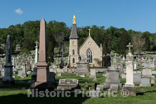 Photo - Gravestones and The Chapel Building at Mount Calvary Cemetery, Adjacent to Wheeling City Park in Wheeling, West Virginia- Fine Art Photo Reporduction