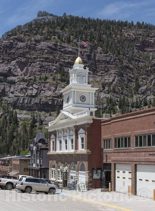 Photo - View of Walsh Library Building with Mountain in Background. Ouray, Colorado- Fine Art Photo Reporduction