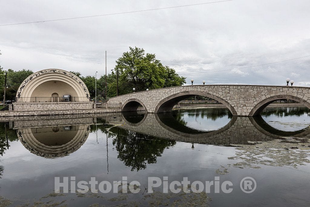 Photo - A bandshell and triple-arched, stone pedestrian bridge over Lake Clara in Mineral Palace Park- Fine Art Photo Reporduction