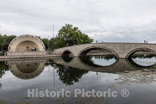 Photo - A bandshell and triple-arched, stone pedestrian bridge over Lake Clara in Mineral Palace Park- Fine Art Photo Reporduction