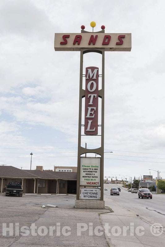 Photo - Sparse Roadside Sign for The Sands Motel, touting its Clean Units as an Amenity in Wyoming's Capital, Cheyenne- Fine Art Photo Reporduction