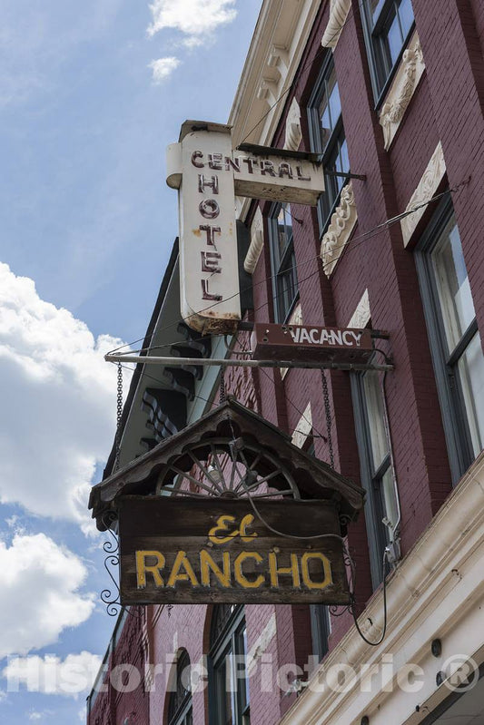 Photo- Signs for the El Rancho Tavern and old Central Hotel, for which the 1892 building was constructed, on Main Avenue in Durango, the seat of La Plata County in southern Colorado
