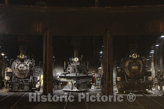 Durango, CO Photo - Steam locomotives in The Roundhouse of The Durango & Silverton Narrow Gauge Scenic Railroad in Durango, Colordo.