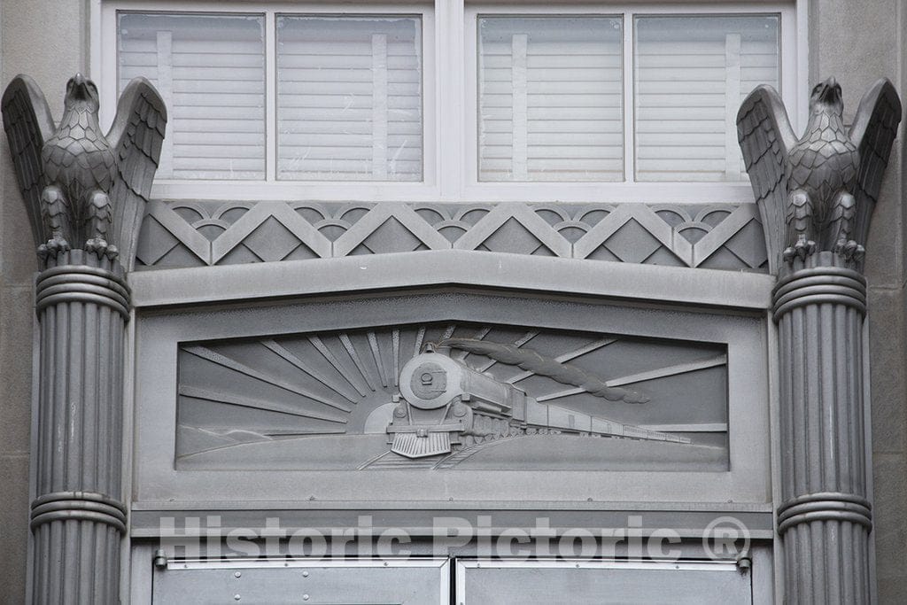 Monroe, LA Photo - Exterior Door Detail with Train. Art Deco Style Federal Building & U.S. Courthouse, Monroe, Louisiana