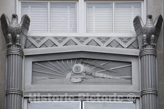 Monroe, LA Photo - Exterior Door Detail with Train. Art Deco Style Federal Building & U.S. Courthouse, Monroe, Louisiana