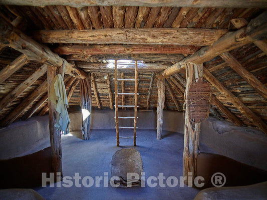 Photo- Interior of a recreated Hogan, or Adult Residence, of The Early Anasazi, or Ancient Ones, Built at The Crow Canyon Archeological Center in Southwestern Colorado