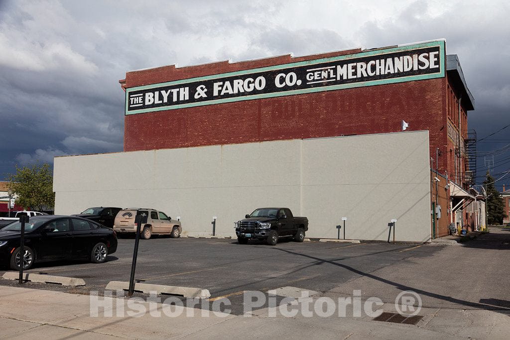 Photograph- Sign high on the old Blyth & Fargo Building, one of the West's first full-service department store, founded in 1882, in Evanston, a Uinta County city in the very southwest corn