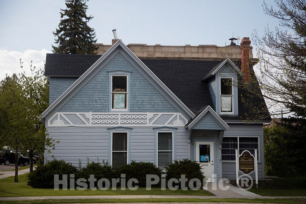 Photo- The Harrison House in Evanston, a Uinta County city in the very southwest corner of Wyoming. This two-story, shiplap-sided house stands on the first lot surveyed in Evanston