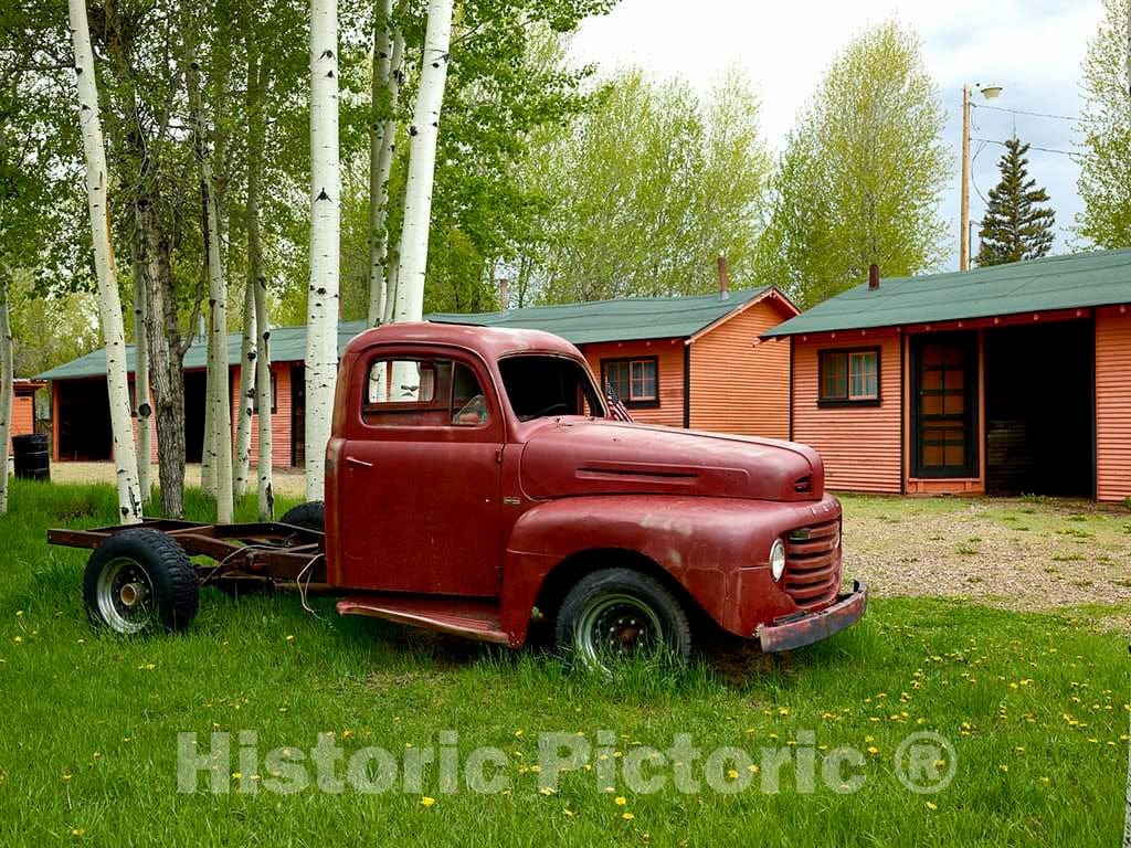 Photo- Vintage Truck Outside The Black and Orange Garage Camp, an Authentic 1930s-vintage Tourist Court, refurbished in 2009, Along The Lincoln Highway, Old U.S 5