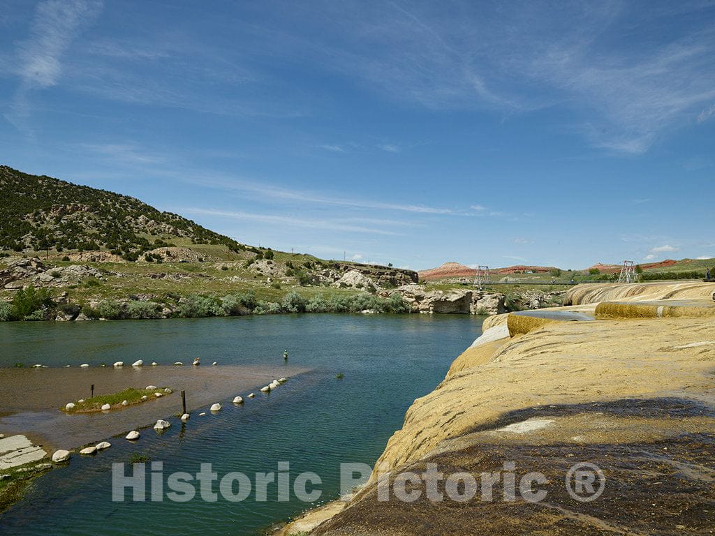 Photograph- The quite-cool Bighorn River, winding Hot Springs State Park, a state-owned, public-recreation area in Thermopolis, Wyoming, known for its hot springs, which, unlike the Bighorn
