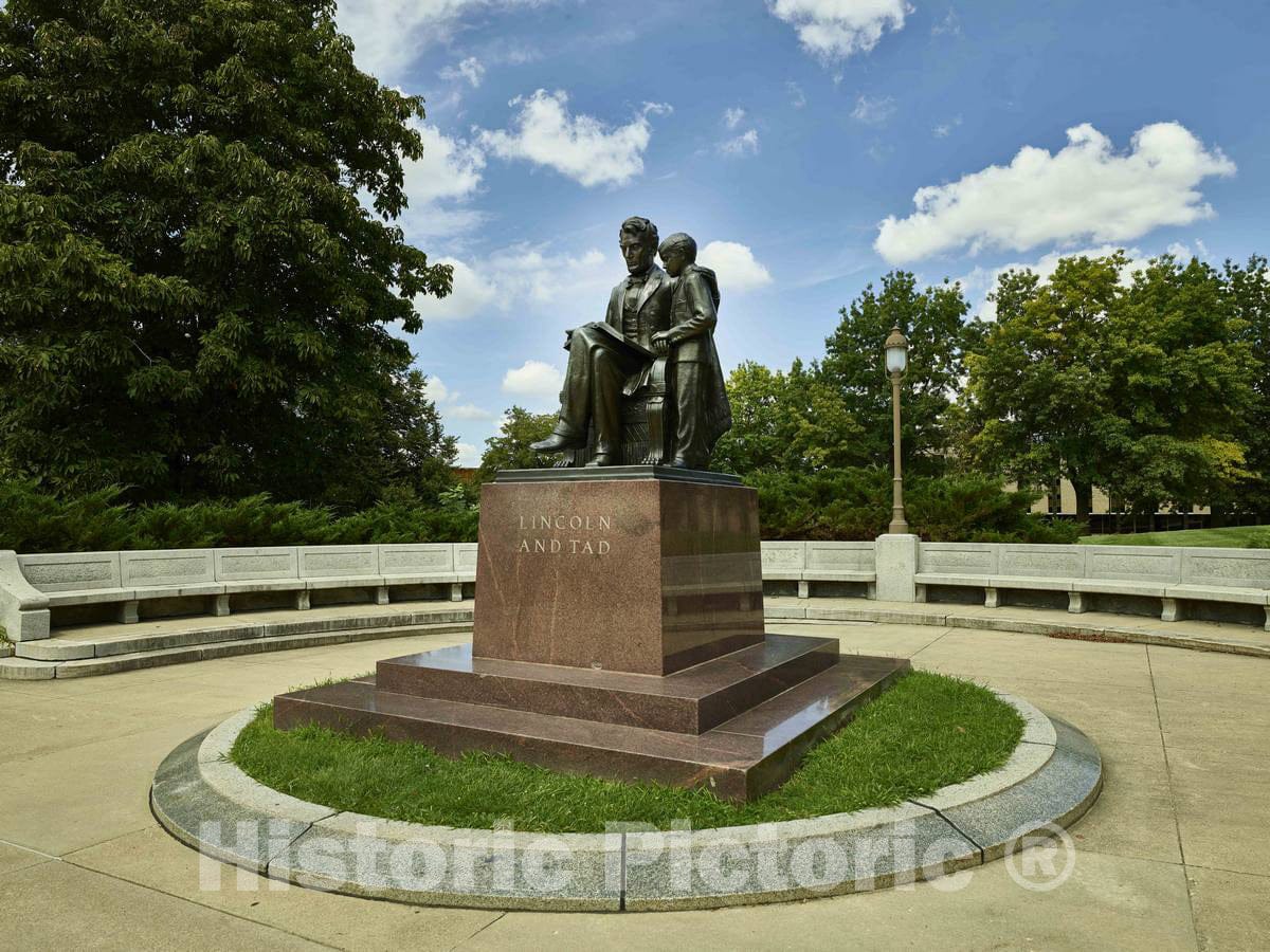 Photograph- Fred and Mabel Torrey's Lincoln and Tad Sculptor, on The Grounds of The Iowa State Capitol in Des Moines, depicts President Abraham Lincoln Reading to his Youngest Son Thomas