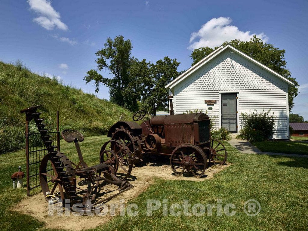 Photograph- Rusted Old Farm Equipment Stands Outside The one-Room West Boyer Valley Schoolhouse at The Harrison County Historical Village and Iowa Welcome Center, Outside The Town of Missouri