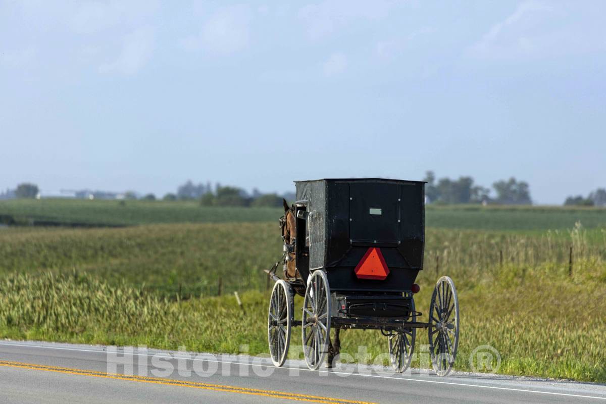 Photo- An Amish or Mennonite man and his horse and buggy traverse the country roads of Washington County, Iowa, near the town of Kalona 3 Fine Art Photo Reproduction