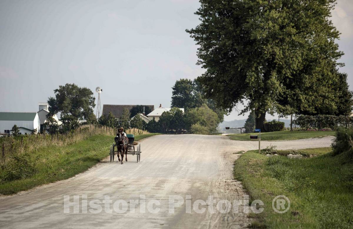 Photo- an Amish or Mennonite Man and his Horse and horsecart Traverse The Country Roads of Washington County, Iowa, Near The Town of Kalona 1 Fine Art Photo Reproduction