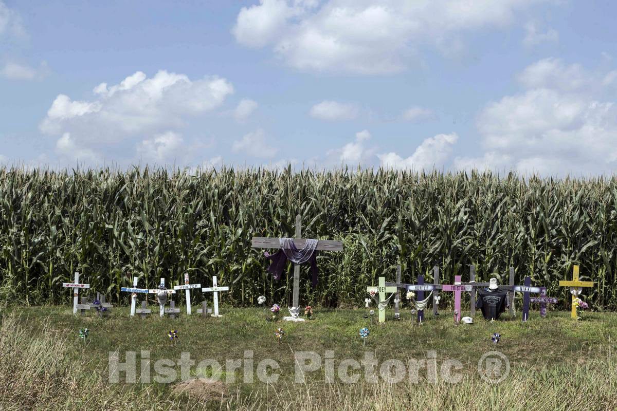 Photo - A roadside memorial erected by friends, and likely family, of five young people; Quenton Ary, Triston Randall, Nicole Jacobsen, Hunter Tuttle- Fine Art Photo Reporduction