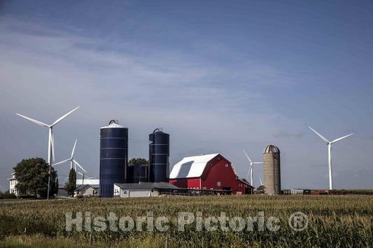Photo- Farm Scene Including a Bright-red barn, Three silos (one Vintage, Two Modern), and Quite Modern Wind turbines in Hardin County, Iowa 2 Fine Art Photo Reproduction