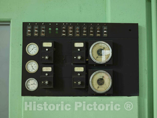 Photograph- Gauges at the Franklin County REA Power Plant Museum near Hampton, Iowa, housed in the first electric plant west of the Mississippi River to generate electricity for rural areas