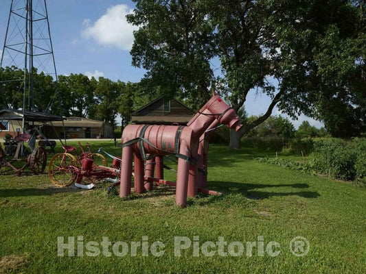 Photo - Whimsical Farm implements and Metal Horse in West Amana, one of The Amana Colonies, Seven Villages in Iowa County, Iowa- Fine Art Photo Reporduction