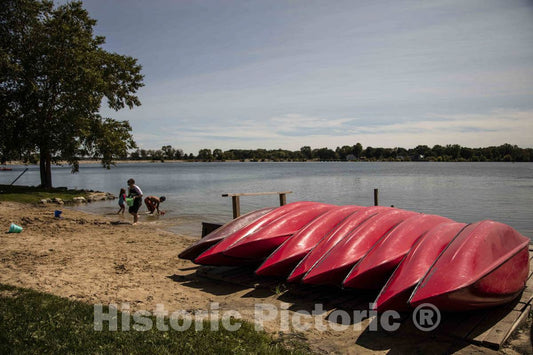 Photo- Bright-red Canoes at Brittingham Park's Beach on Lake Monona in Madison, Wisconsin's Capital City 1 Fine Art Photo Reproduction