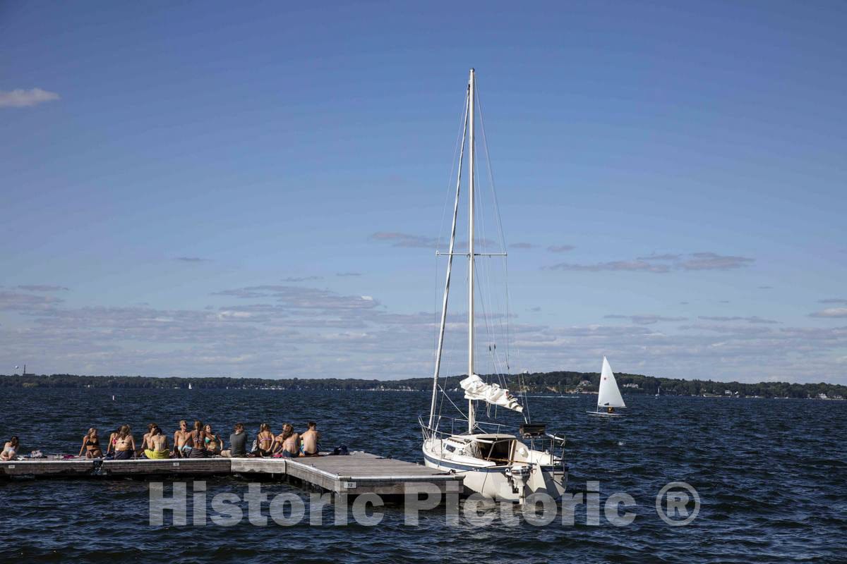 Photo - University of Wisconsin-Madison Students Hang Out on a Sailboat pier on Lake Mendota in Madison, Wisconsin's Capital City- Fine Art Photo Reporduction