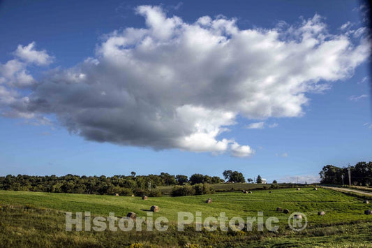 Photo- Hay Bales on, and Puffy Clouds Over, This Rolling farmland in Richland County, Wisconsin 1 Fine Art Photo Reproduction