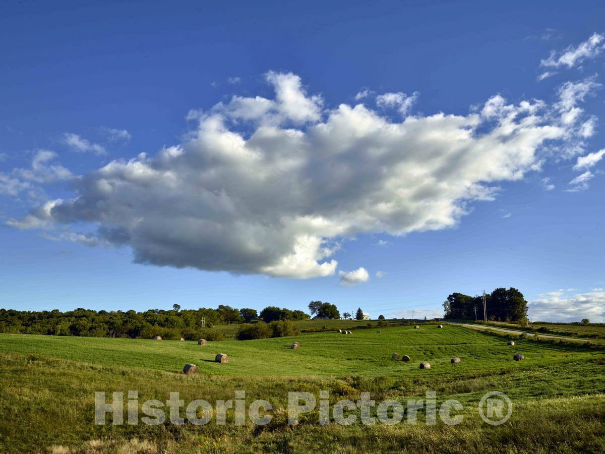 Photo- Hay Bales on, and Puffy Clouds Over, This Rolling farmland in Richland County, Wisconsin 2 Fine Art Photo Reproduction
