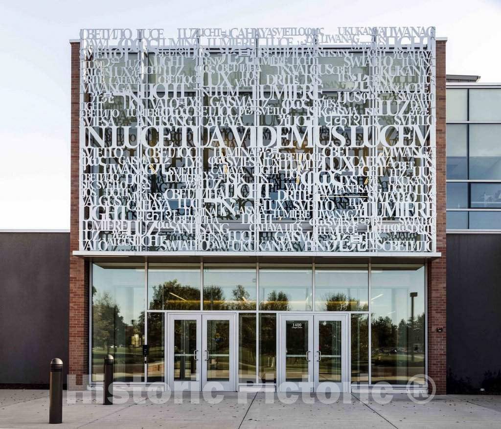 Photo- Valparaiso University's Motto,in Thy Light, We See Light, Centers The Light Screen That Marks The Entrance to its Arts and Sciences Building in Valparaiso, Indiana