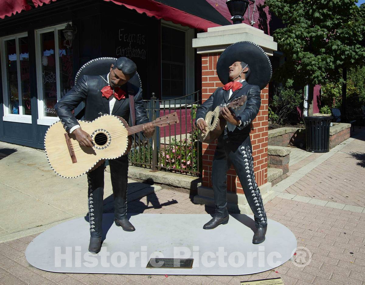 Photograph- Strolling Mexican mariachi musicians, one of the 11 installations of life-sized trompe l'oeil painted bronze statues around Crown Point, Indiana, created by John Seward Johnson II