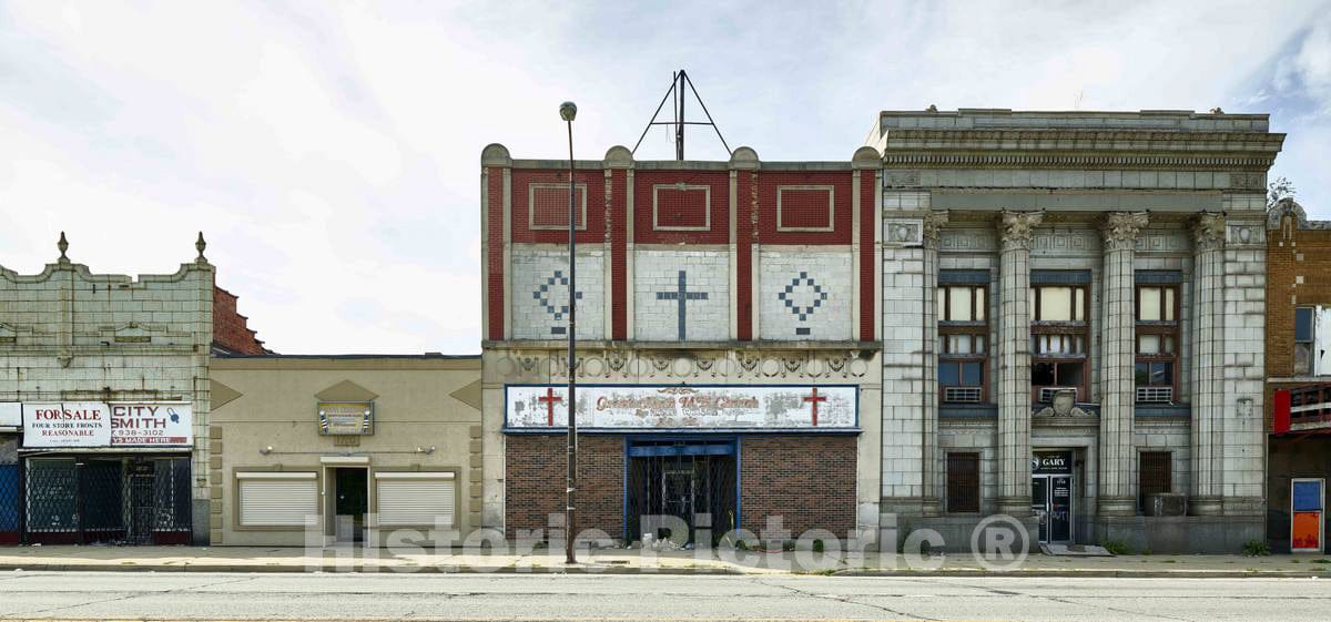 Photo- A Block in Gary, Indiana, one of America's Most economically Distressed Cities, That Includes a onetime Bank Building That for a time was Gary's City Hall 1