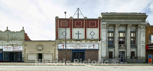 Photo- A Block in Gary, Indiana, one of America's Most economically Distressed Cities, That Includes a onetime Bank Building That for a time was Gary's City Hall 1