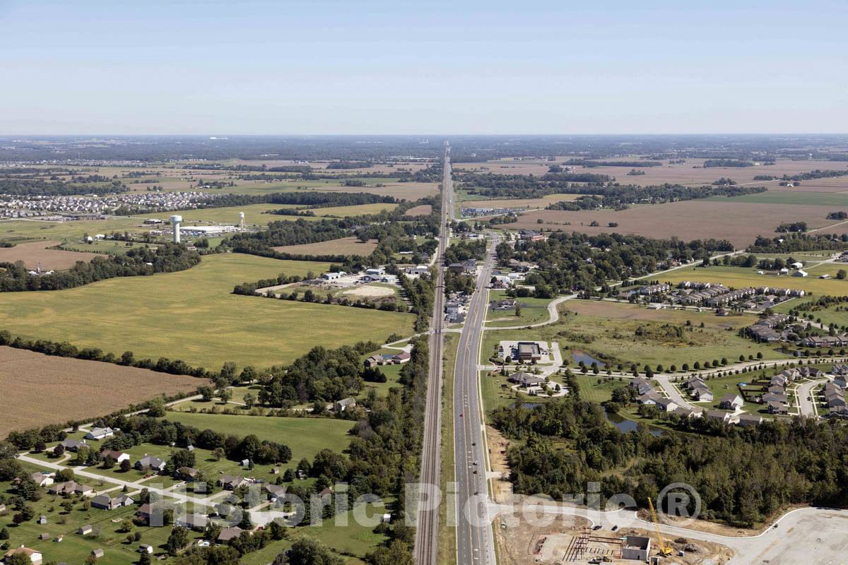Photo- Aerial view of U.S. Highway 36 as it leaves the dense metropolitan area of Indianapolis and heads northeastward toward the town of McCordsville in the Indiana countryside