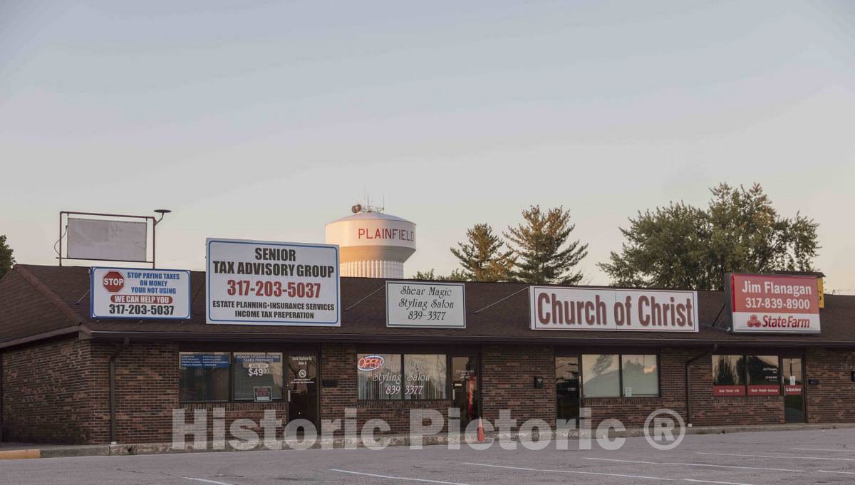 Photo - This Small Strip Shopping mall in Plainfield, Indiana, Includes an Unusual ecclesiastical Tenant- Fine Art Photo Reporduction