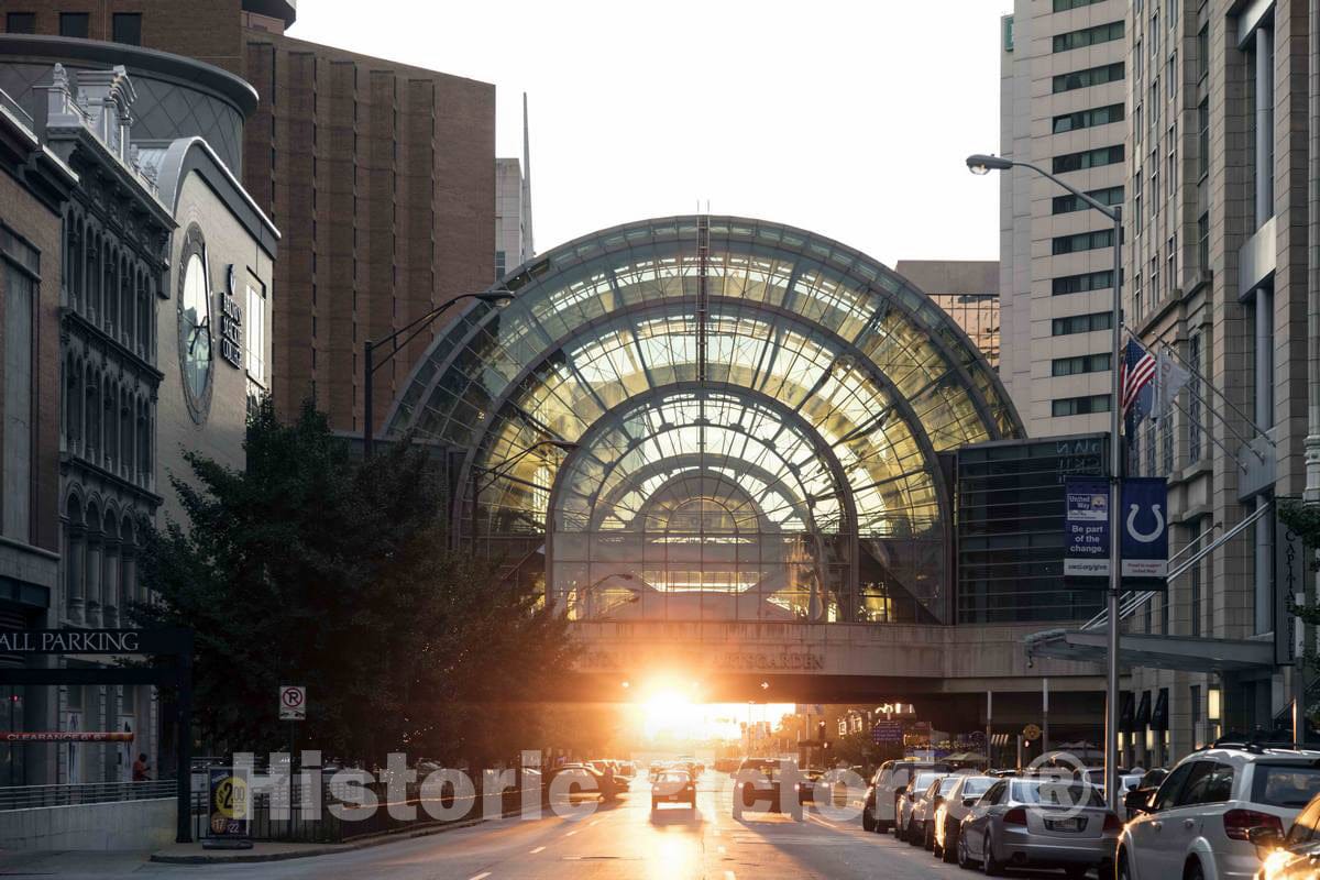 Photo - The Sun Sets Below The Indianapolis Artsgarden, a Glass and Steel Skywalk and Gathering Place 17 feet Above The Intersection of Washington and Illinois Streets