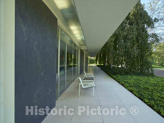 Photo- Covered Stone Veranda at The Miller House, considered a Modern-architecure gem Designed by Finnish-American Architect Eero Saarinen and Completed in 1957 in Columbus 3