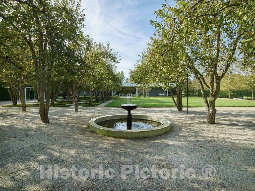 Photo- Fountain and Grounds at The Miller House, considered a Modern-architecure gem Designed by Finnish-American Architect Eero Saarinen and Completed in 1957 in Columbus