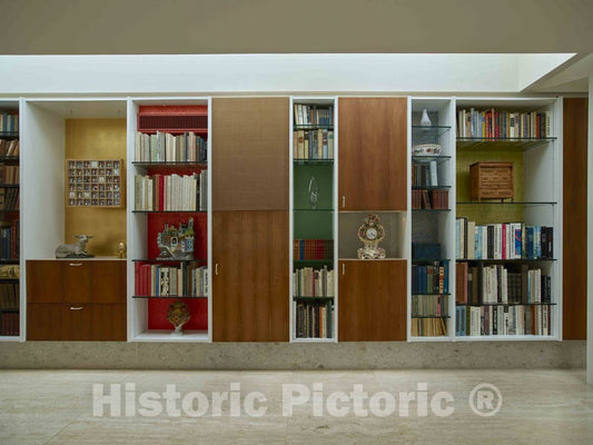 Photo - Shelving containing Books and Family heirlooms, Collected Around The World, at The Miller House- Fine Art Photo Reporduction