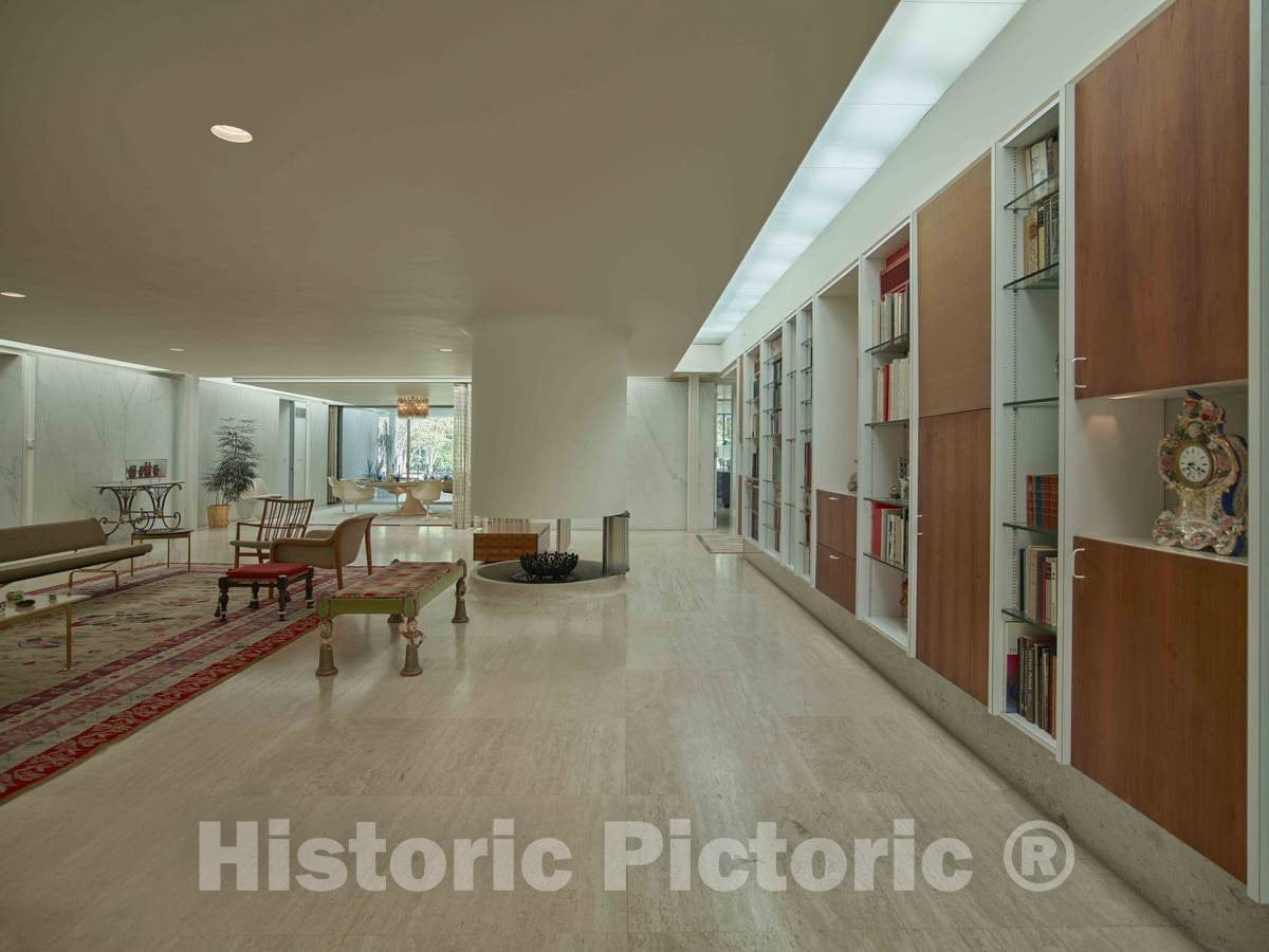 Photo - Open Area and Bookcase-and-Heirloom Shelves in The Living Room of The Miller House- Fine Art Photo Reporduction