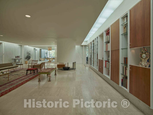 Photo - Open Area and Bookcase-and-Heirloom Shelves in The Living Room of The Miller House- Fine Art Photo Reporduction