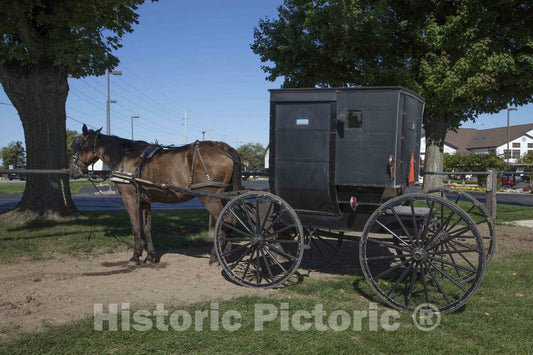 Photo - A"parked" Amish horse and buggy at Essenhaus tourist complex containing an inn and Amish-style restaurant in Middlebury, Indiana- Fine Art Photo Reporduction