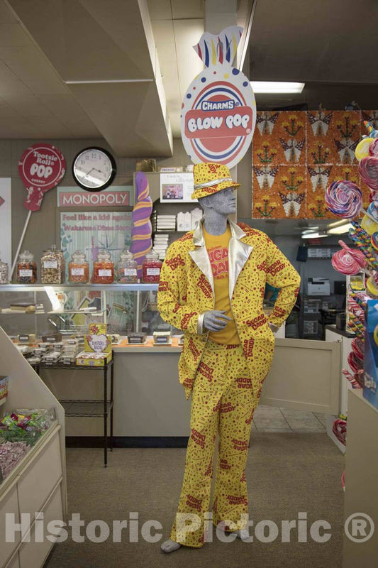 Photo- A garishly dressed mannequin fits nicely with the bright wrappers and decorations at the Dime Store, an old-fashioned candy store that dates to c. 1910 in Wakarusa, Indiana