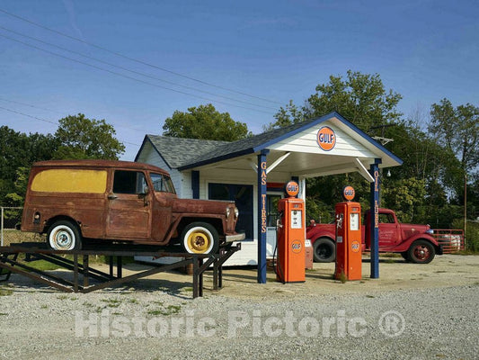 Photo - Re-creation of an early gasoline station and repair shop outside the National Automobile and Truck Museum in Auburn, Indiana- Fine Art Photo Reporduction