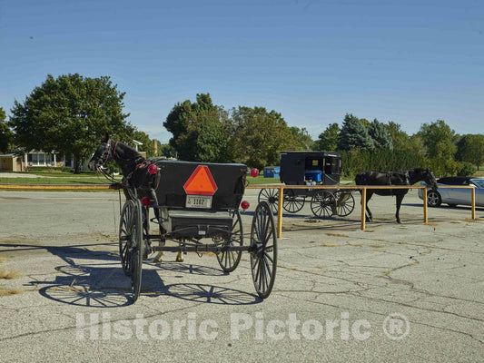 Photo - Amish Buggies,Parked in Spaces Reserved for Horses and Buggies in a Grocery-Store lot in Middlebury, Indiana- Fine Art Photo Reporduction